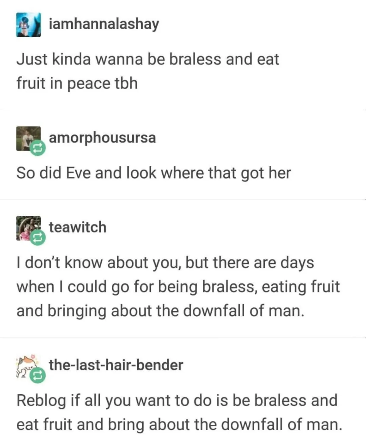 A screenshot of a social media thread shows four users discussing the desire to be braless while eating fruit. The first…
