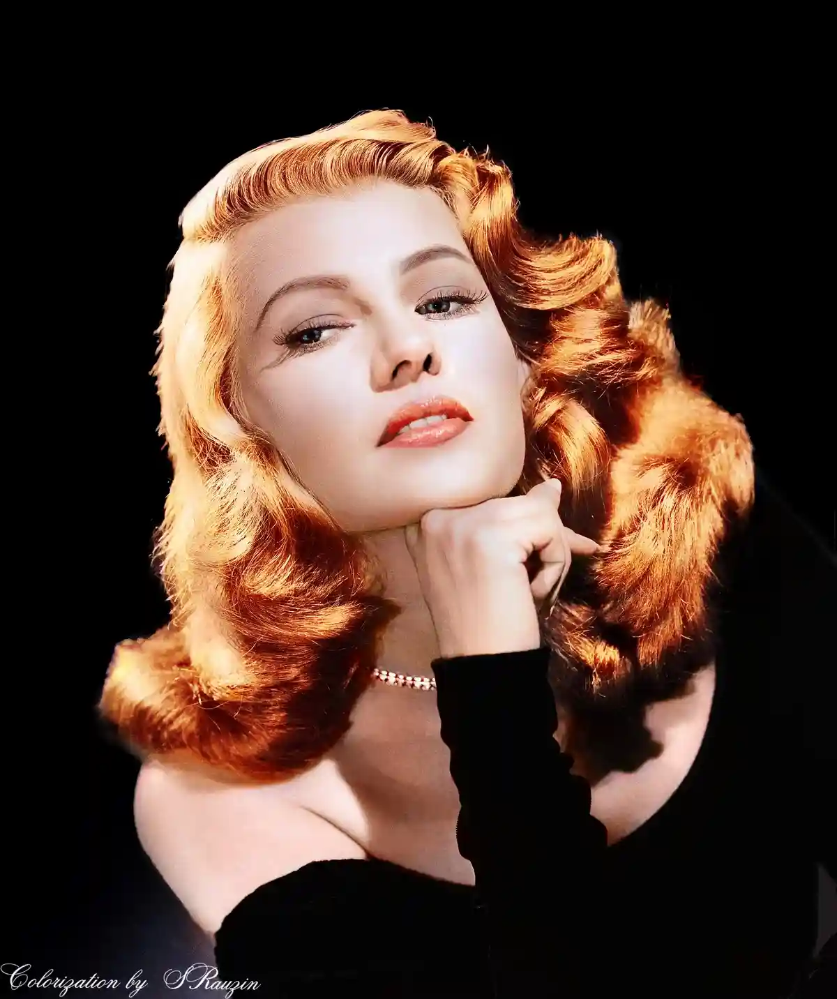 A colorized vintage portrait of a woman with voluminous red hair, wearing a black off-the-shoulder top and a pearl necklace…