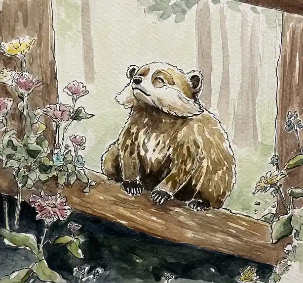 A watercolor illustration shows a raccoon sitting calmly on a wooden log in a garden, surrounded by pink and yellow flowers…