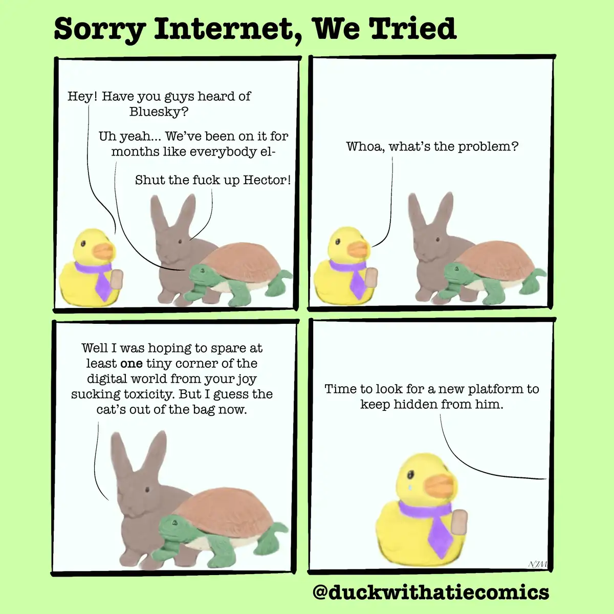 A four-panel comic featuring a yellow rubber duck, a brown rabbit, and a green turtle. In the first panel, the duck asks…