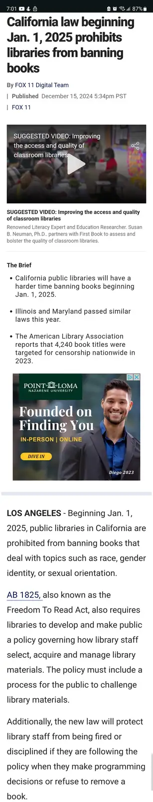 A screenshot of a FOX 11 news article about California's new 'Freedom To Read Act' (AB 1825) that bans libraries from…