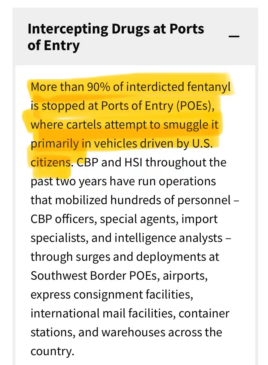 A screenshot of a government report titled 'Intercepting Drugs at Ports of Entry' with a specific sentence highlighted in…