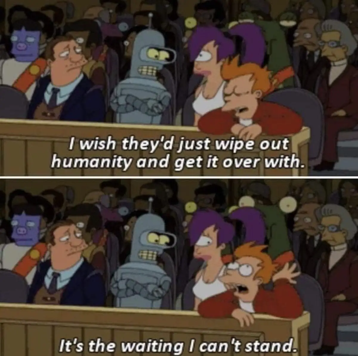 Two panels from the animated show Futurama show a crowd of characters in a courtroom. In the top panel, Fry leans forward…