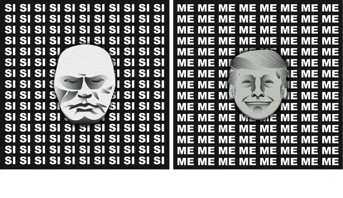 The image is split into two panels. The left panel shows a stern, stylized face resembling Benito Mussolini against a…