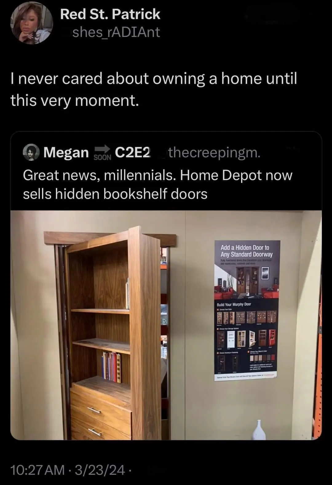 A screenshot of a social media post shows a photo of a wooden bookshelf door that opens to reveal a hidden room, with a Home…