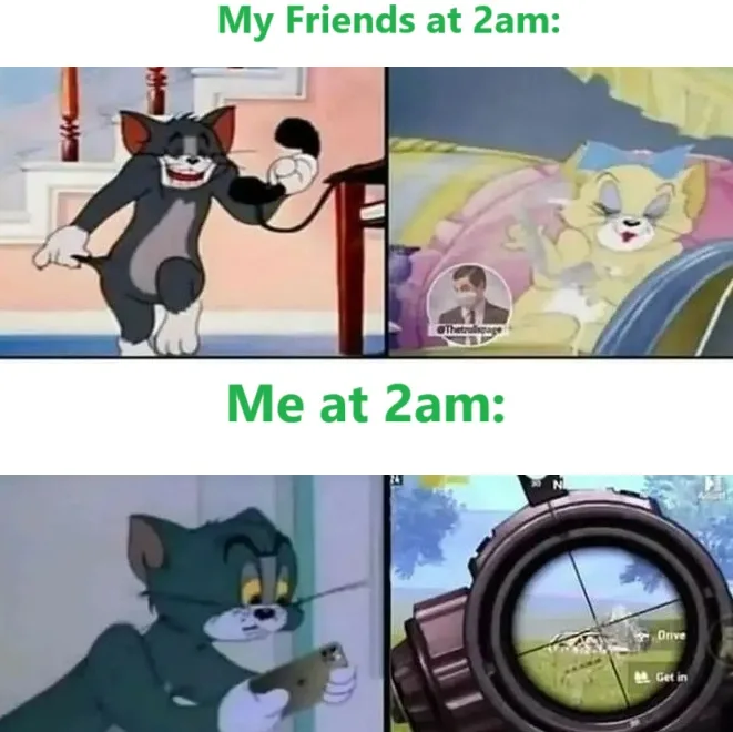 The meme contrasts two panels: top shows Tom from Tom and Jerry happily on the phone at 2am, while the bottom shows Tom…