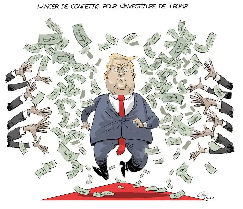 A cartoon depicts a caricature of Donald Trump in a suit and red tie, jumping joyfully on a red carpet as numerous hands…