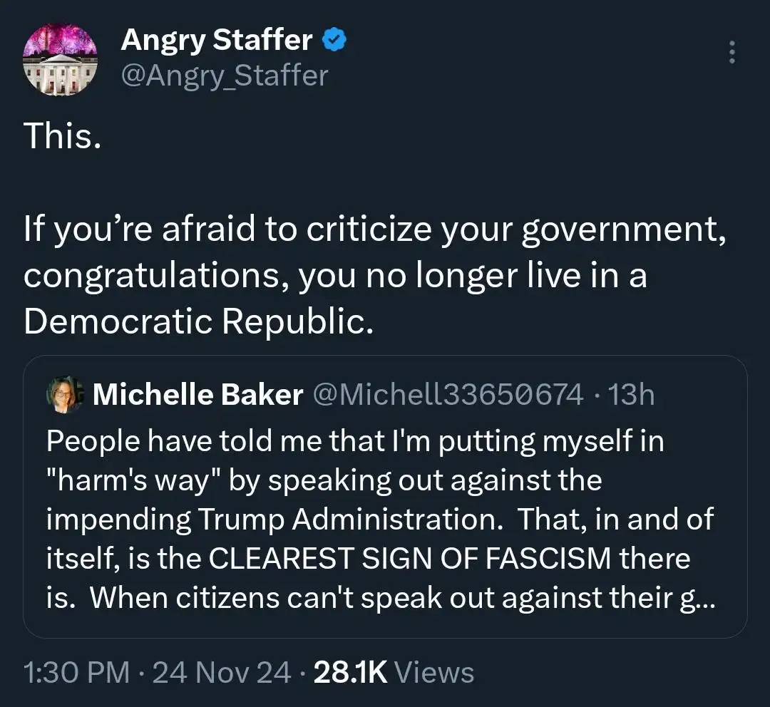 A screenshot of a Twitter thread shows a verified user named 'Angry Staffer' replying with 'This.' to a tweet by Michelle…