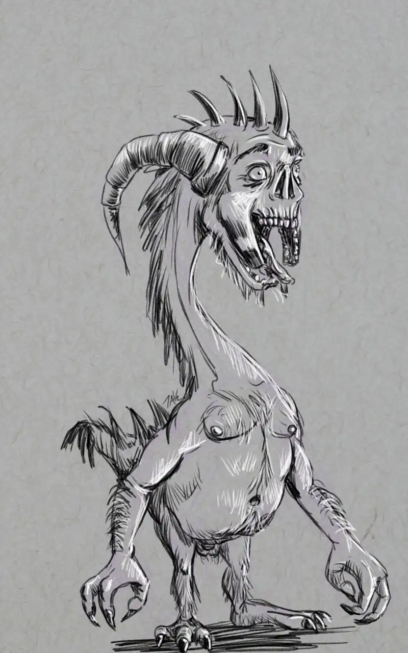 A black-and-white sketch of a grotesque, horned, skeletal humanoid creature with a long neck, clawed hands and feet, and a…