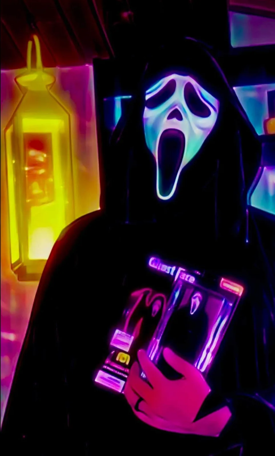 A person wearing a glowing Ghost Face mask from the Scream movie franchise stands in a dark, neon-lit room holding a…