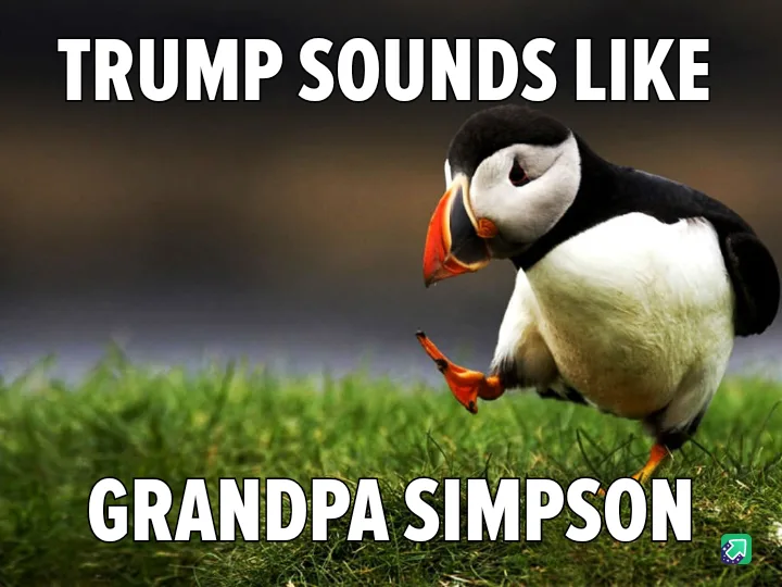 A photograph of a puffin standing on green grass with a blurred background, looking sideways. Large white text at the top…