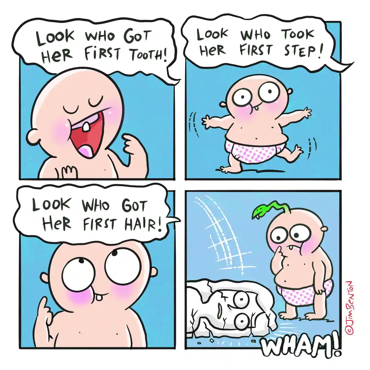 A four-panel comic shows a baby celebrating milestones: first tooth, first step, and first hair. In the final panel, the…