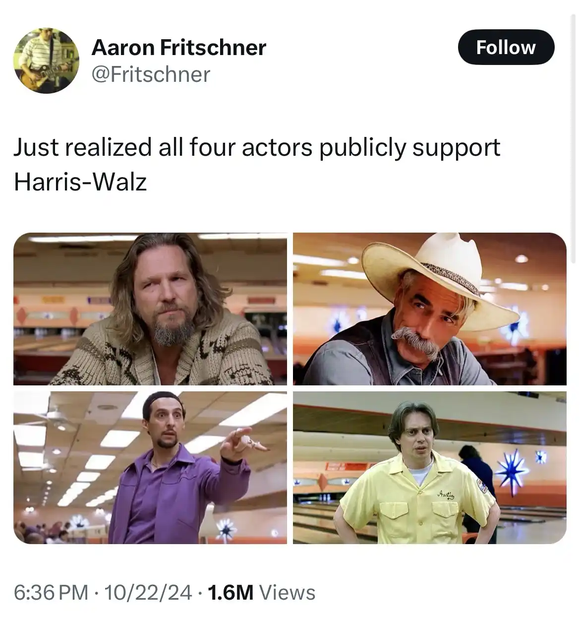 The image displays four stills of actors from the movie 'The Big Lebowski' in a bowling alley setting. Each actor has a…