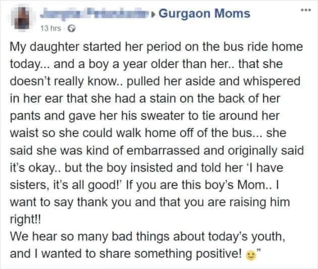 A screenshot of a Facebook post from 'Gurgaon Moms' sharing a heartwarming story where a stranger boy helps a girl who…