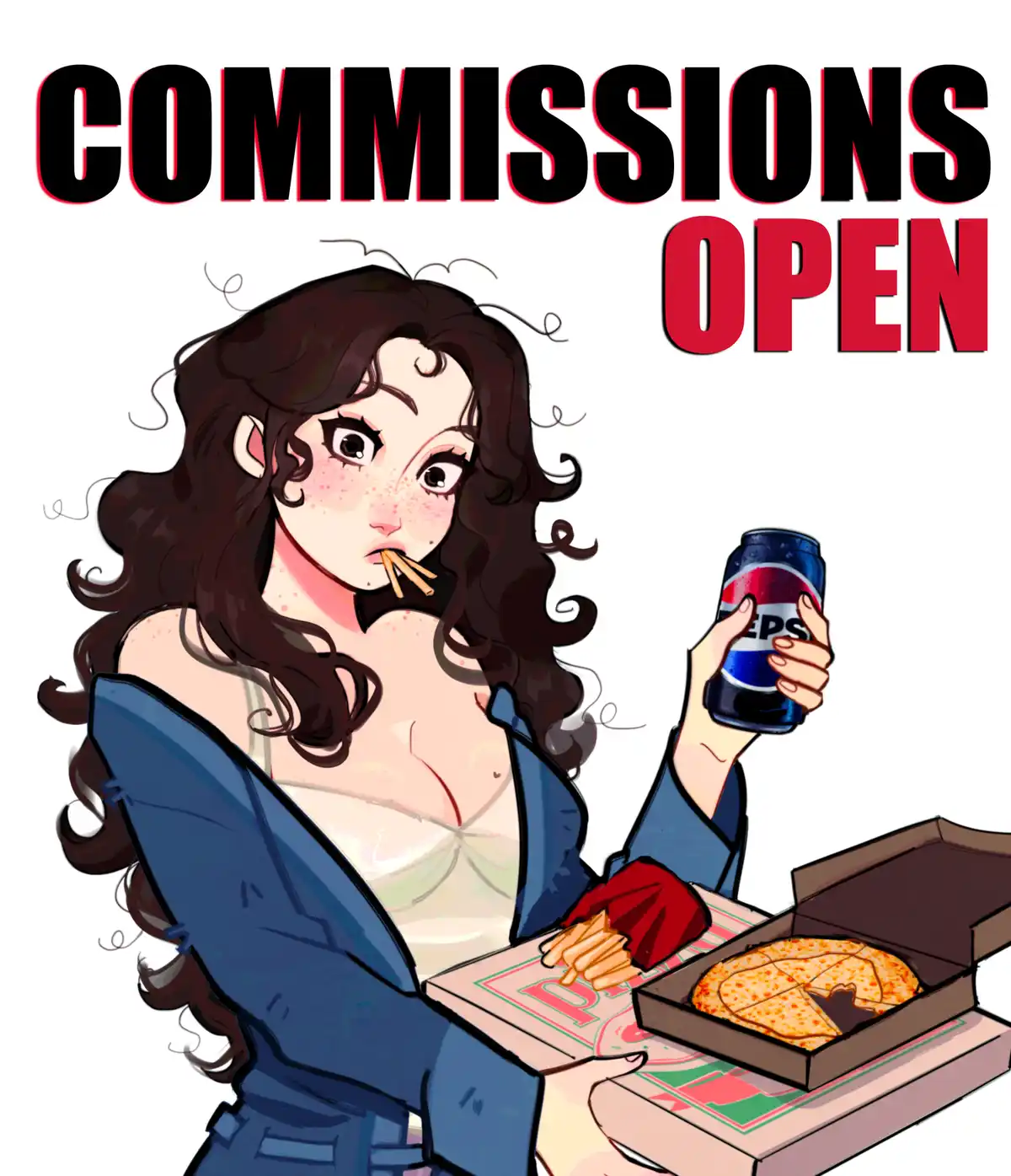 An illustrated woman with dark curly hair, wearing a blue jacket over a light top, sits with a pizza box and fries in front…