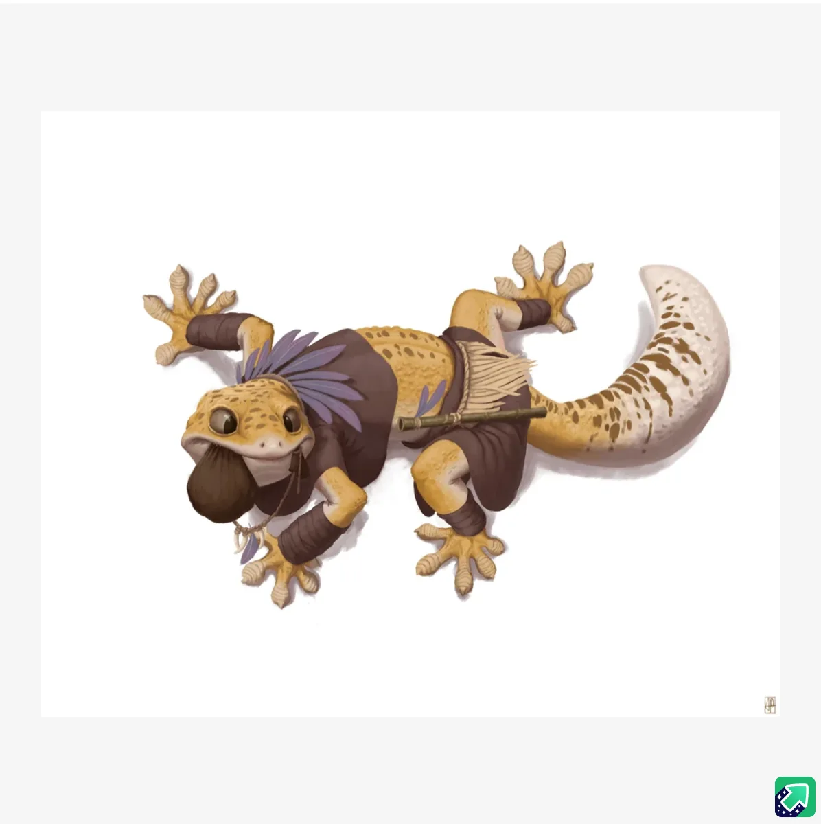 A cartoonish gecko wearing a brown tunic with purple feathered adornments and a small wooden flute strapped to its back…