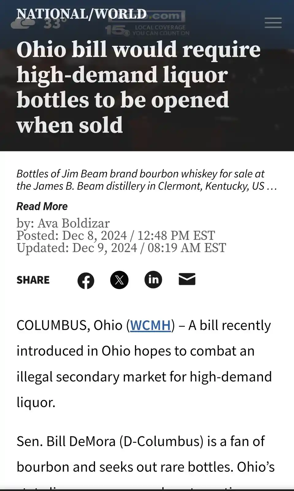 A screenshot of a news article from nationalworld.com with the headline 'Ohio bill would require high-demand liquor bottles…