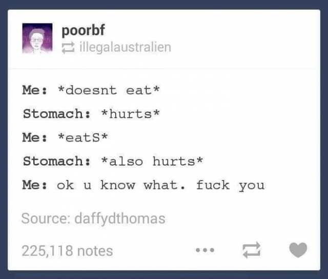 A screenshot of a Tumblr post by user 'poorbf' showing a text-based joke. The post details a person's internal monologue…