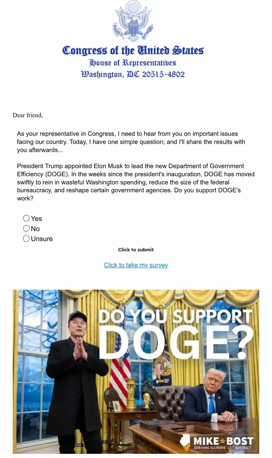 The image displays a mock congressional survey letter from the House of Representatives asking if the recipient supports the…