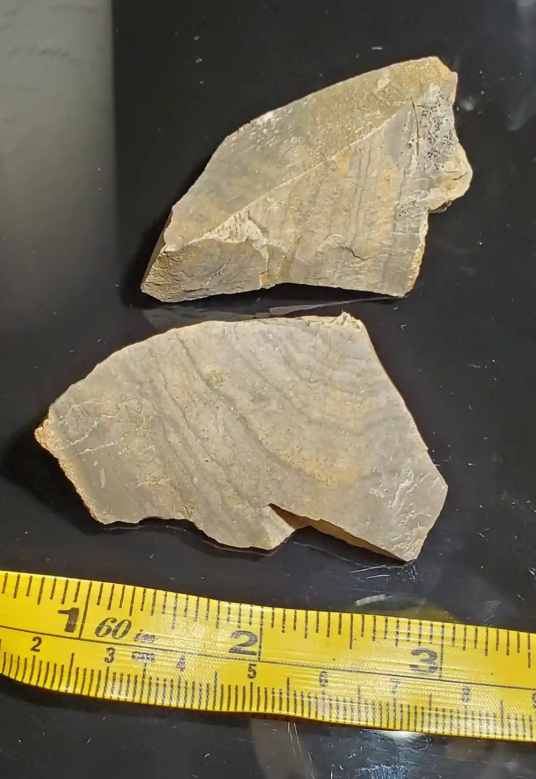 Two irregularly shaped, light-brown rock fragments lie on a black surface next to a yellow measuring tape. The tape, showing…
