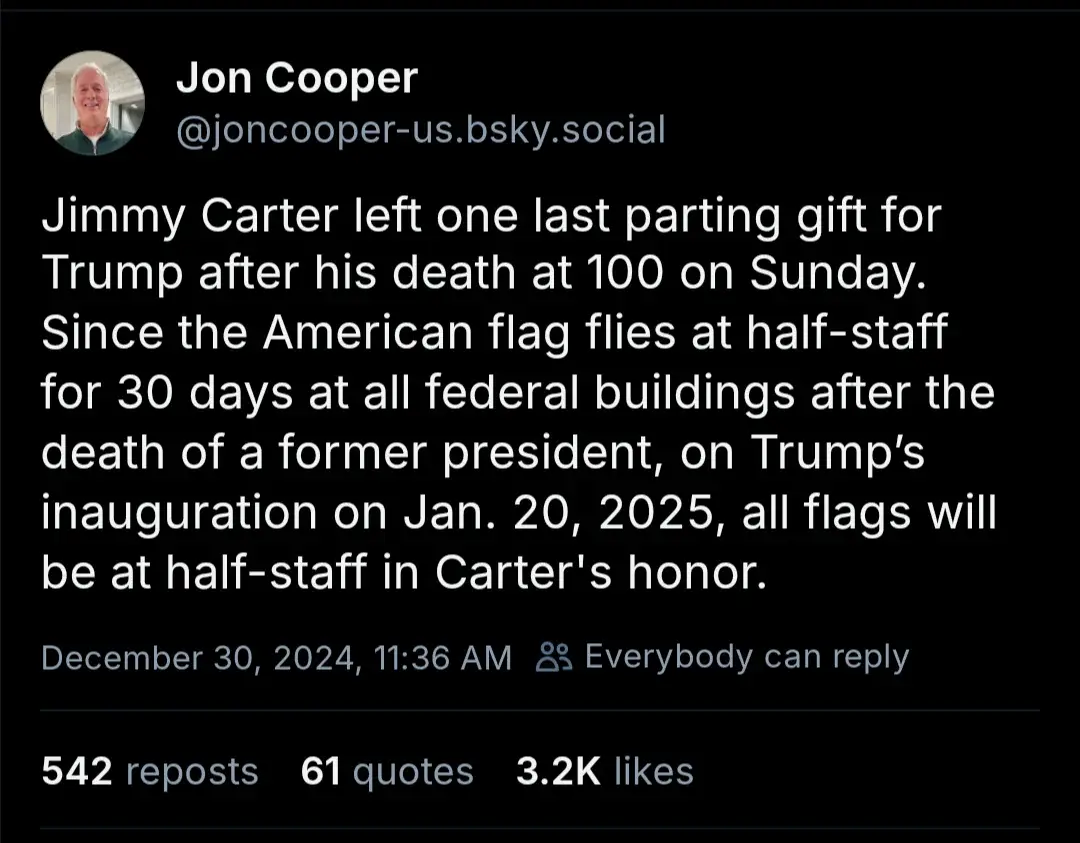 A screenshot of a social media post by Jon Cooper, which humorously claims that Jimmy Carter left a 'parting gift' for…