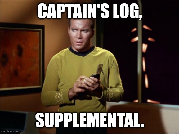 A man in a yellow Star Trek uniform holds a log recorder, looking serious. White bold text overlays the image, reading…