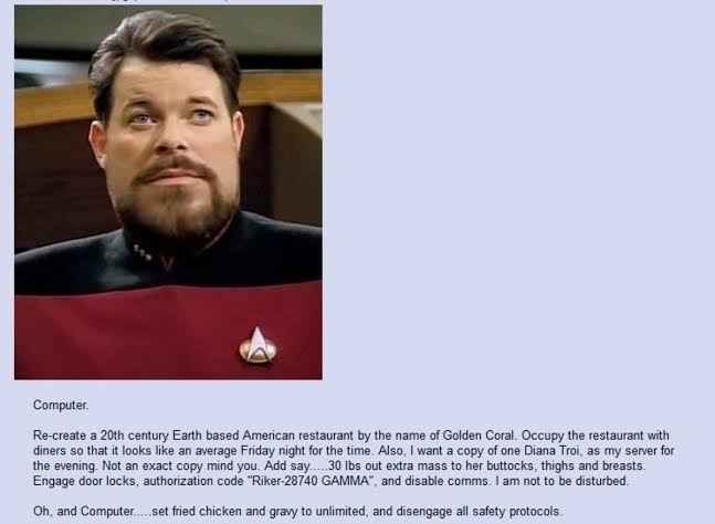 A still image of actor Jonathan Frakes as Captain William Riker from Star Trek: The Next Generation, looking smug and…