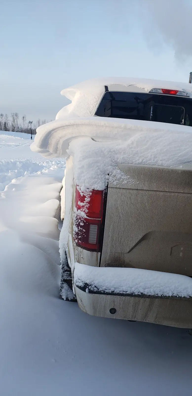 A beige pickup truck is almost completely buried in deep snow, with thick layers covering its roof, tailgate, and rear…