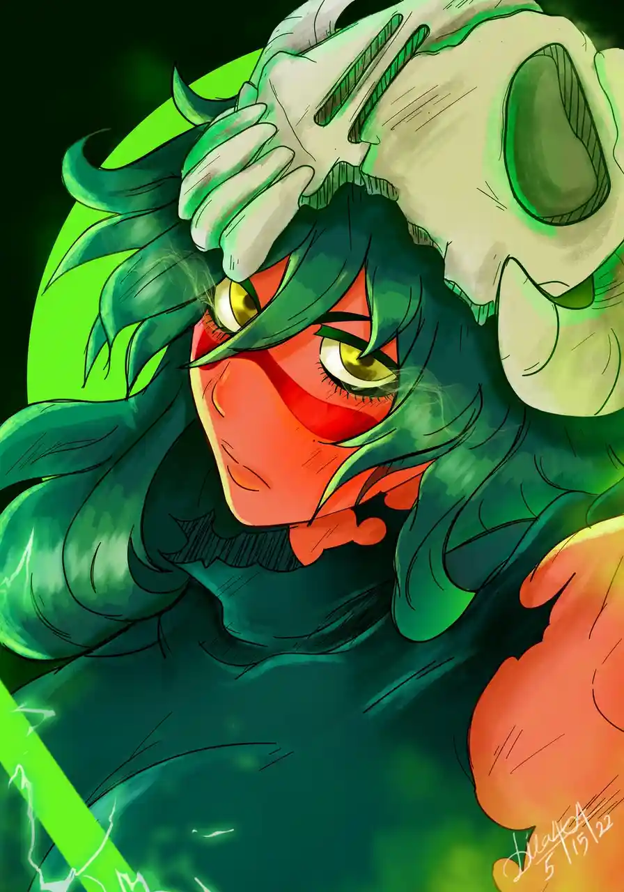 An anime-style illustration shows a character with green hair and red skin, looking intensely at the viewer while holding a…