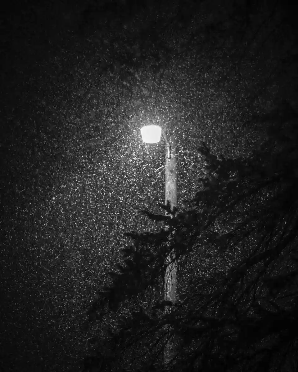 A black and white photo shows a solitary streetlamp glowing brightly against a dark, snowy night sky, with snowflakes…
