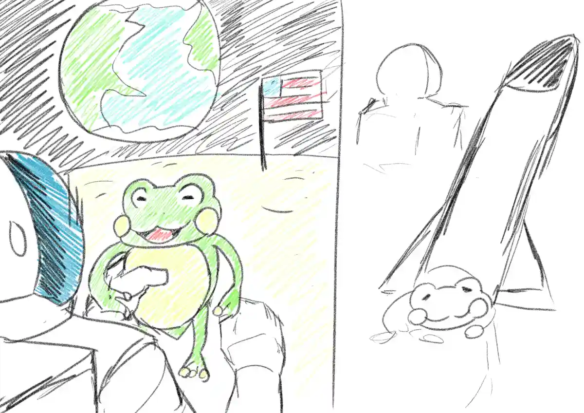 A hand-drawn, split-panel image shows a cheerful green frog in a spacesuit standing on the moon next to an American flag and…