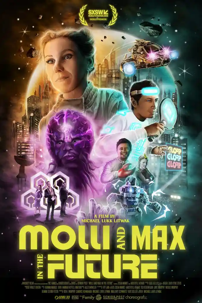 A sci-fi movie poster for 'Mollis and Max in the Future' features a woman with a serious expression, a glowing purple alien…