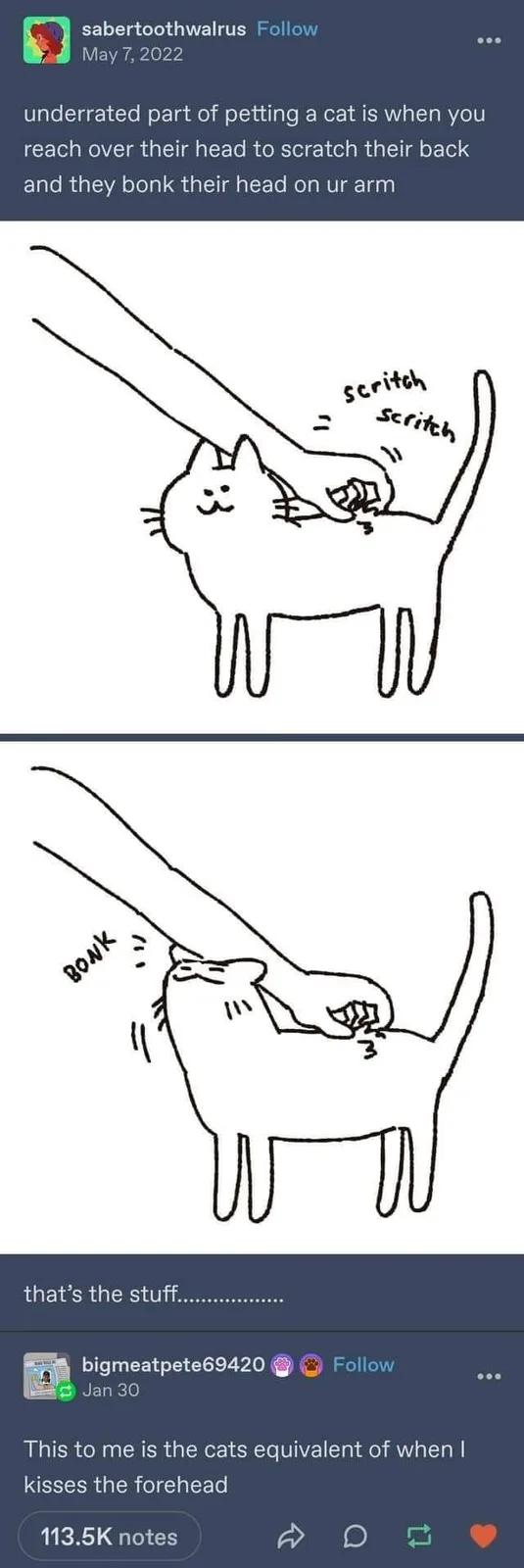 A two-panel black-and-white cartoon shows a hand scratching a cat's back. In the first panel, the cat is happy as the hand…