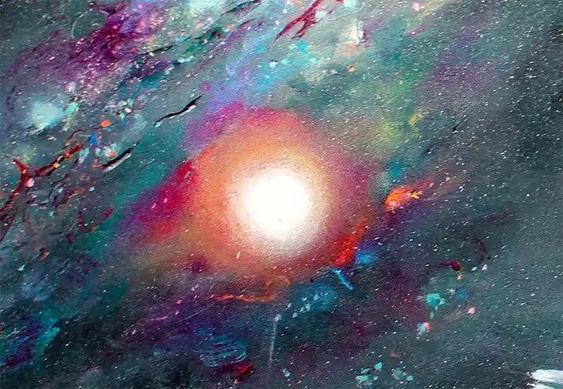 An abstract painting depicts a bright, glowing orb at the center surrounded by swirling, splattered colors of teal, magenta…