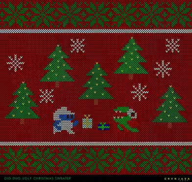 A red and green knitted sweater pattern featuring multiple green Christmas trees with yellow ornaments, white snowflake…
