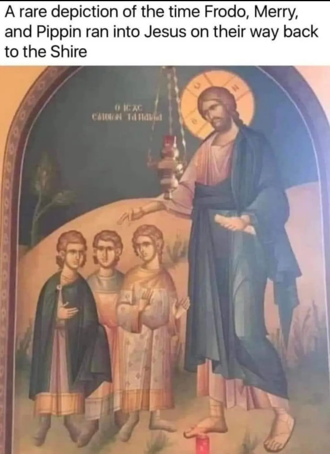 An icon-style religious painting shows a tall, bearded Jesus with a halo, holding a censer, standing beside three smaller…