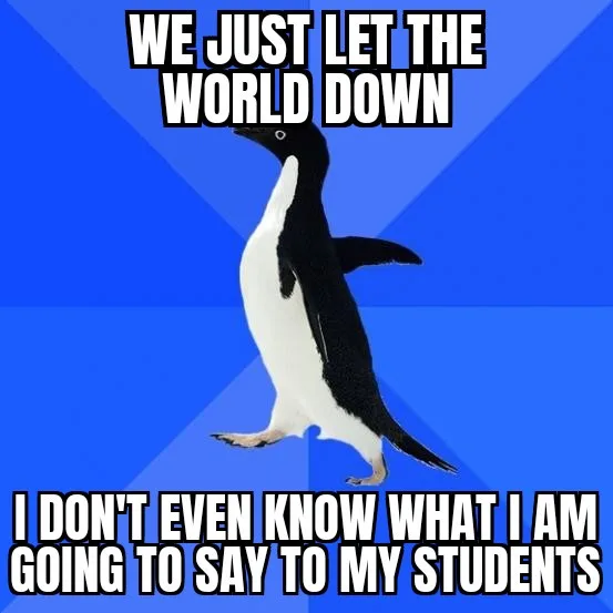 A black-and-white penguin stands against a blue background with diagonal lines. The text at the top reads 'WE JUST LET THE…