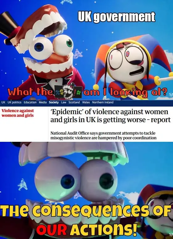 The meme features two cartoon characters: a red-suited, top-hatted figure labeled 'UK government' and a jester-like…
