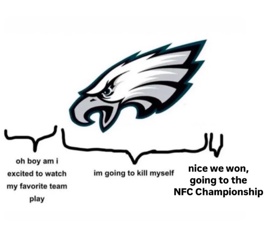 The image shows the Philadelphia Eagles logo with three text boxes connected by hand-drawn lines. The left box says 'oh boy…