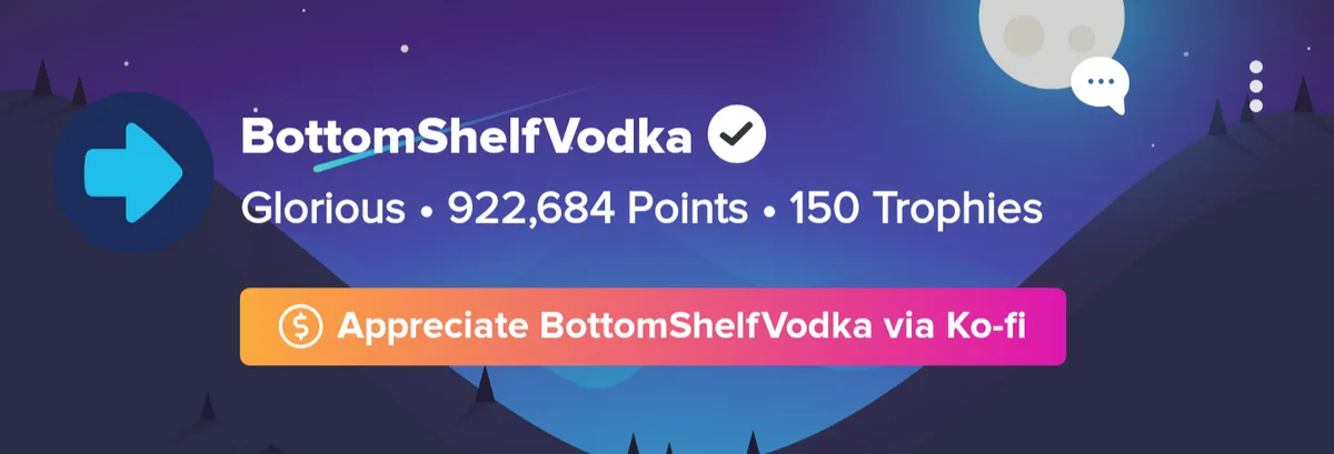 A digital profile card with a purple night sky background, showing the username 'BottomShelfVodka' with a verified…