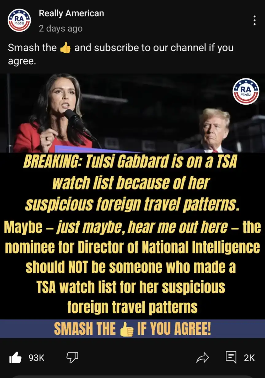 An image shows Tulsi Gabbard speaking at a podium while Donald Trump looks on in the background. Overlaid text claims she's…