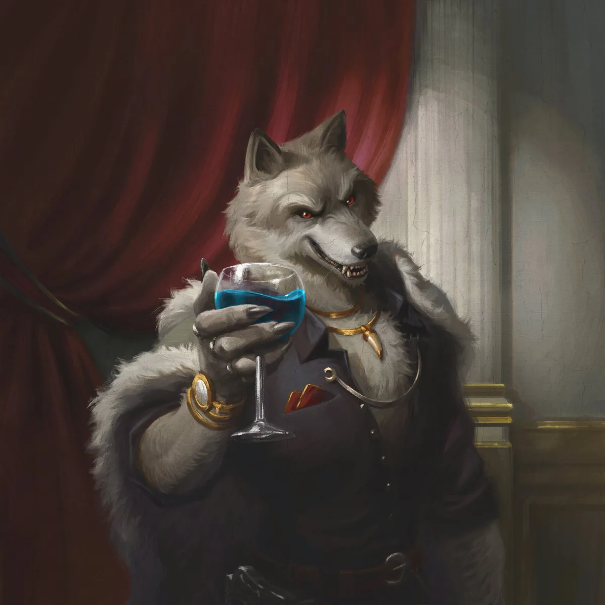 A digitally painted image depicts a wolf with red eyes and sharp teeth, dressed in a dark, ornate suit with a fur collar and…