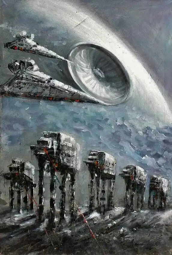 A dark, painterly Star Wars scene shows multiple AT-AT walkers marching on a desolate, rocky surface under a cloudy sky…