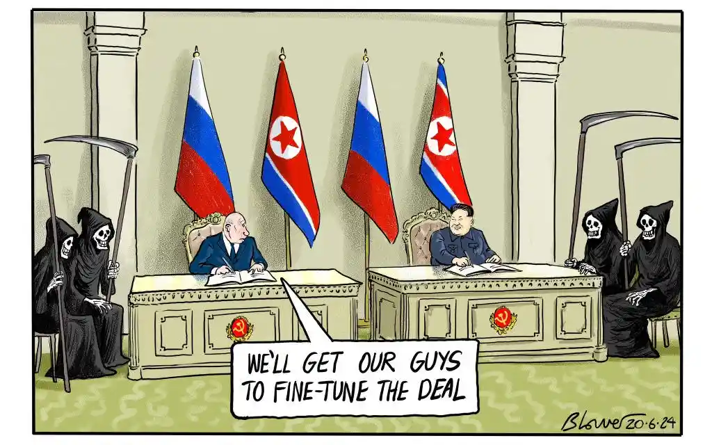 Two men, resembling Vladimir Putin and Kim Jong-un, sit at ornate desks facing each other in a formal room with Russian and…