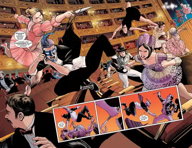 A comic book panel depicts a chaotic ballet theater scene where costumed dancers attack a masked hero mid-air. One dancer in…