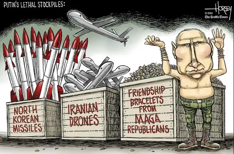 A cartoon depicts a caricature of Vladimir Putin standing beside three labeled crates. The left crate holds red-tipped…
