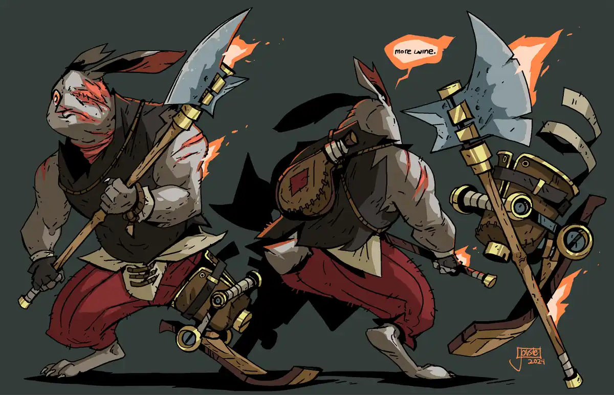 Two anthropomorphic rabbit warriors in red pants and dark vests wield flaming axes, one with a mechanical leg and the other…