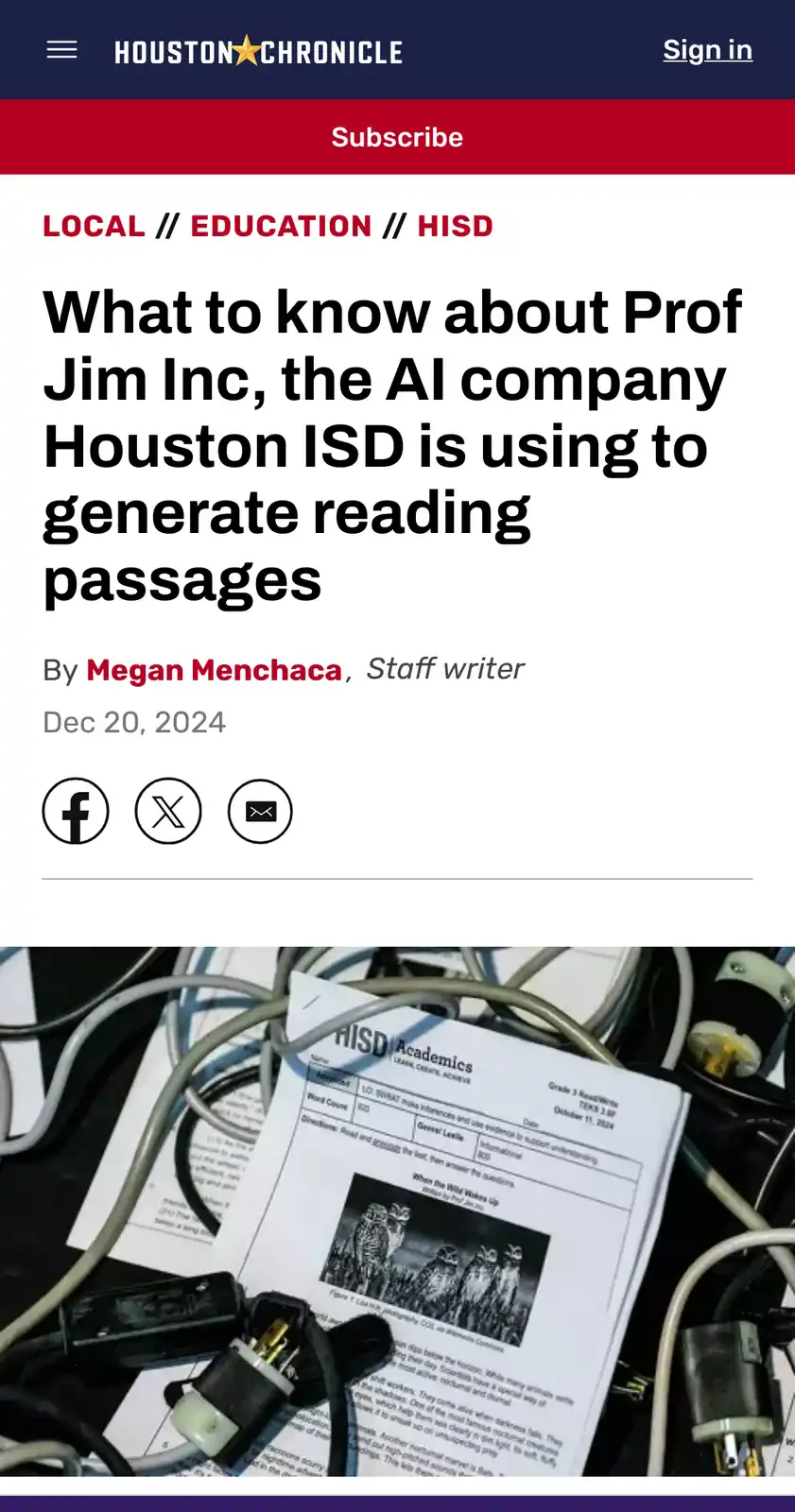 A screenshot of a Houston Chronicle article about Houston ISD using an AI company called 'Prof Jim Inc' to generate reading…