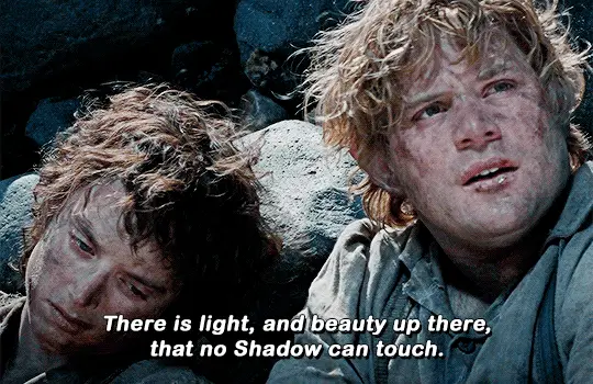The image shows two rows of identical frames featuring two dirty, weary-looking men from 'The Lord of the Rings' movie. The…
