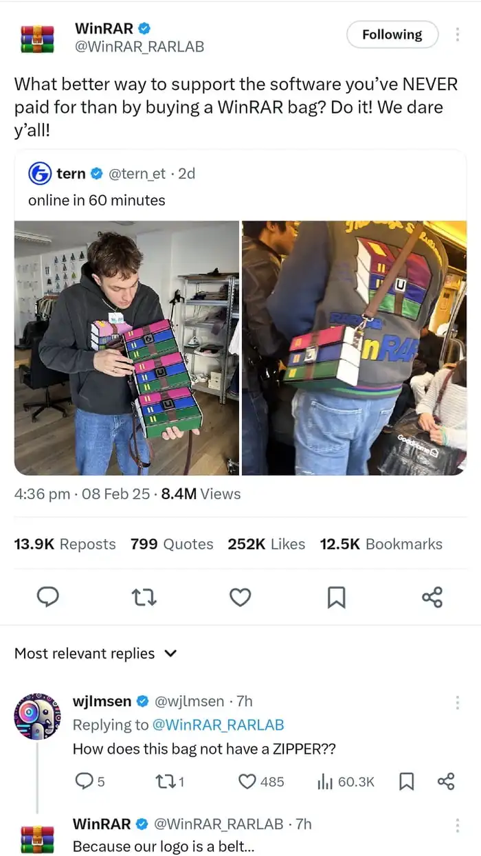 A tweet from WinRAR promoting a branded handbag shaped like a stack of colorful archive files, with the overlaid text asking…